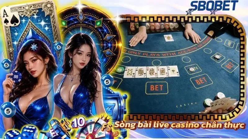 Sảnh live casino với các dòng bài, vòng quay và xúc xắc trực tiếp